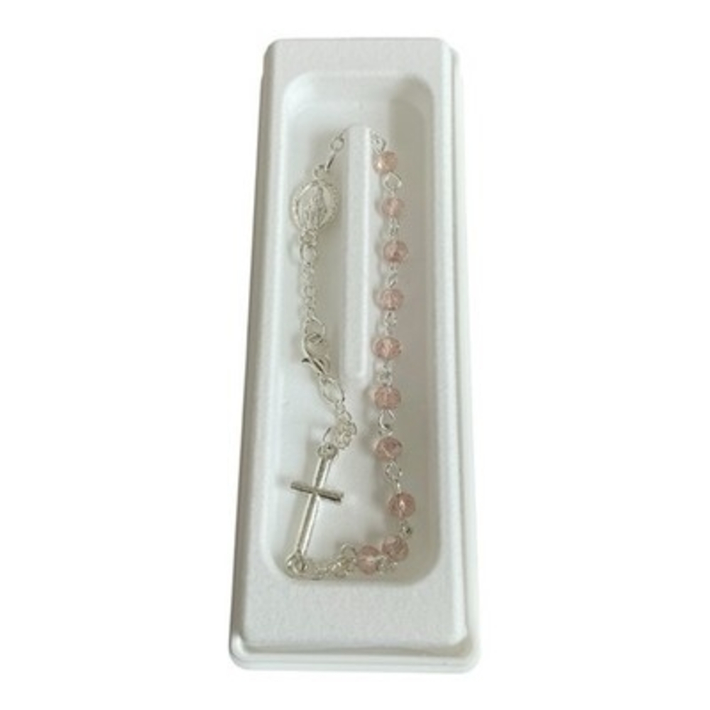 Catholic Pink Crystal Rosary Bracelet with Cross & Miraculous Medal Gift Box - Picture 3 of 4